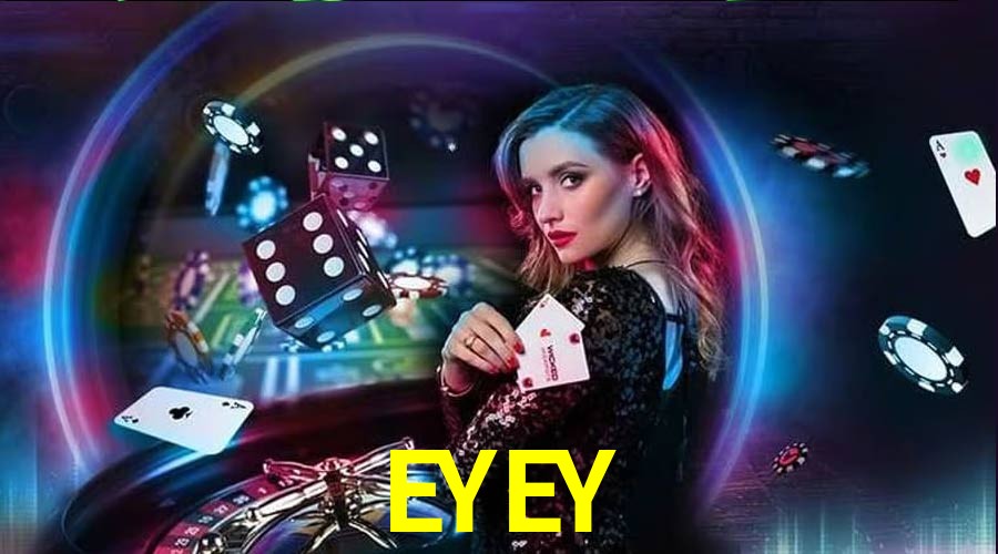 Una escena digital vívida inspirada en casino con EYEY mostrado prominentemente, luces brillantes, fichas, cartas y acentos dorados.