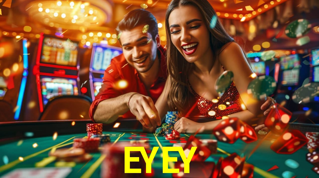 Escena dinámica inspirada en casino con iluminación EYEY, cartas, fichas e íconos de juegos digitales en un espacio moderno de juegos.